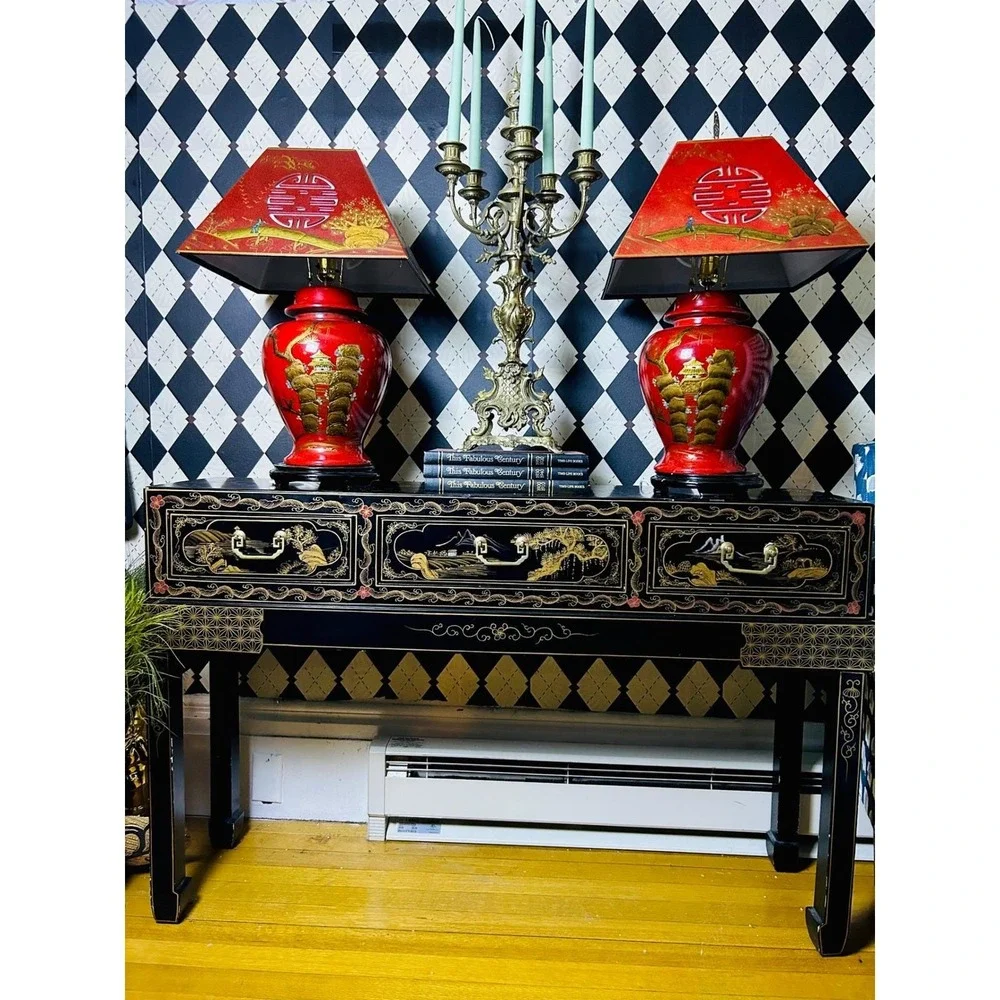 Pair Large Chinese Chinoiserie Red Lacquer Lamps Pagoda Shades Hollywood Regency